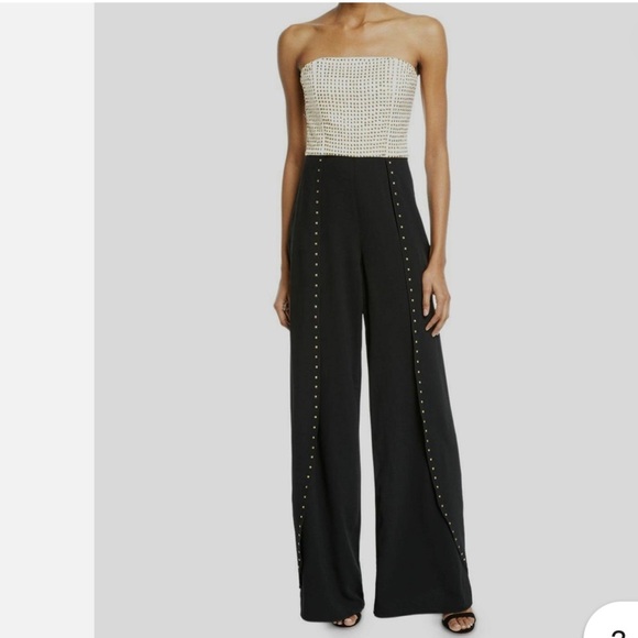 $695 Alice + Olivia Angelica Black Strapless Studded Wide Leg Jumpsuit Size 6